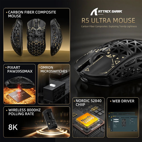 ATTACK SHARK R5 Ultra Souris Gaming Sans Fil Fibre de Carbone ( 4 coloris au choix )