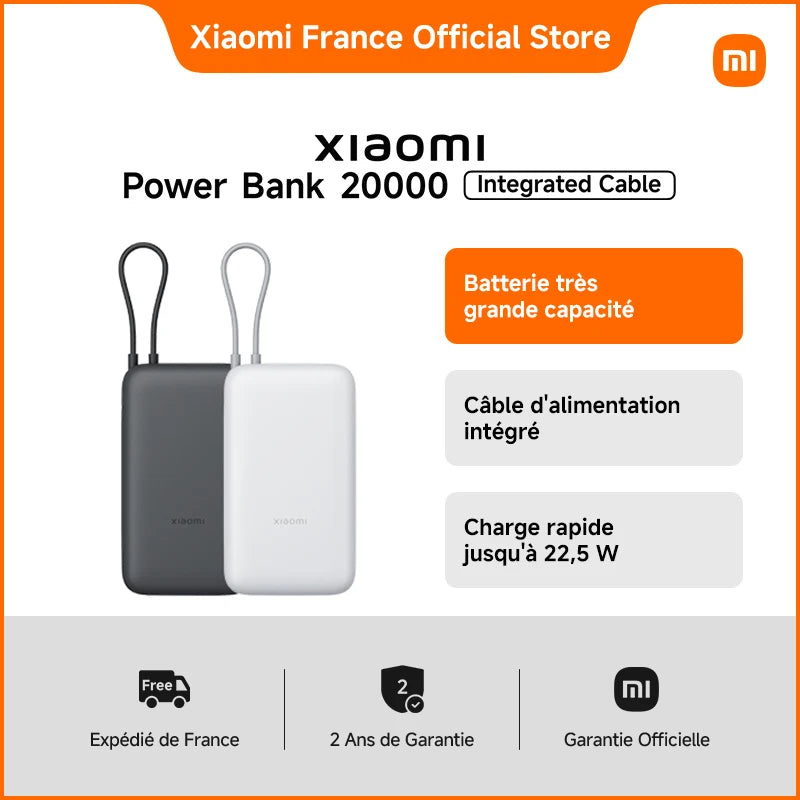 Xiaomi Power Bank 20000mAh avec Câble Intégré – Charge Rapide Bidirectionnelle 22,5W